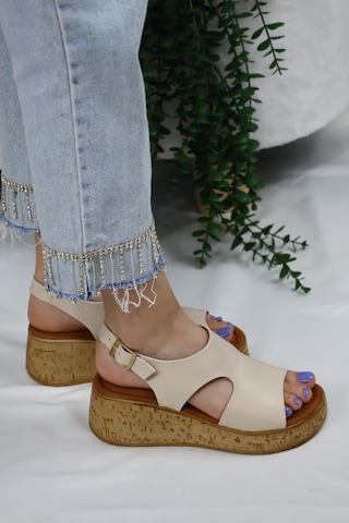 Asmi Shoes Kadın Elena Mantar Taban Ortopedik Sandelet Bej Bej