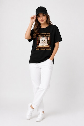 Bayloranzzo The Reader Cat %100 Pamuk Heavy Cotton Premium Kalite Kadın Tişört Siyah