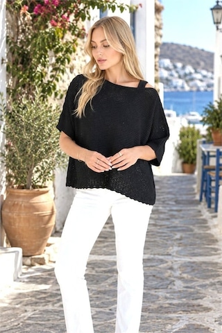 Veraura Lifestyle Siyah Kayık Yaka Ajurlu Triko