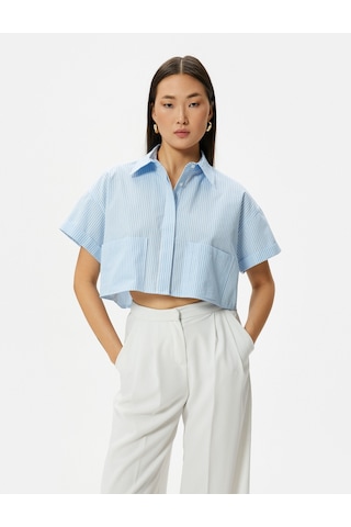 Koton Crop Gömlek Kısa Kollu Kargo Cepli Düğmeli Mavi Çizgili 4sak60143pw 4SAK60143PW6S5 Mavi
