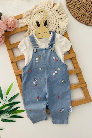 Miniğimin Cicileri Çiçek İşleme Desenli Kız Bebek Yazlık Salopet Takım Ekru