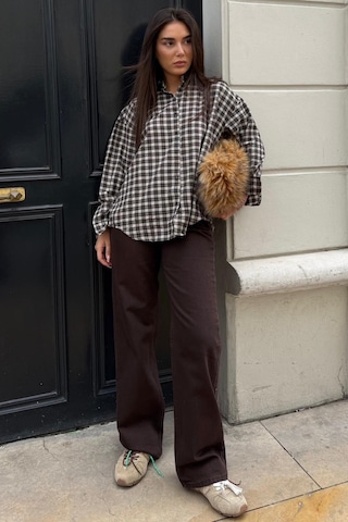 Madmext Camel Oversize Kareli Kadın Gömlek Mg2822
