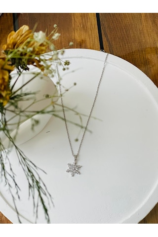 Zirkon Taşlı Kar Tanesi Model Çelik Kolye Gümüş