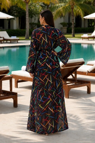 Armonika Kadın Beli Kuşaklı Yanları Yırtmaçlı Şifon Kimono Arm-26y001020 D67 Çok Renkli