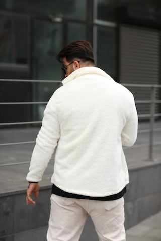 Sr Tekstil Pelüş Ceket Unisex Normal Kalıp Cep Detaylı Beyaz