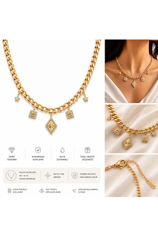 Kadın Gold Renk Çelik Zincir Kolye- Taşlı Yıldız Ve Geometrik Charm Detaylı Şık Kolye Altın
