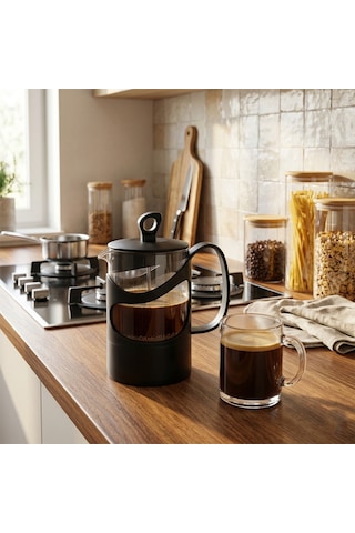 Herevin 131061-834 French Press Süzgeçli Çay Kahve Kupası 600ml Siyah