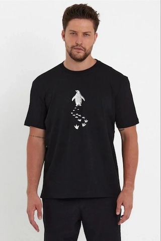 Vexor Erkek T-shirt Nihilist Penguen Baskılı Bisiklet Yaka Kısa Kol Yazlık Tişört - Siyah Çok Renkli