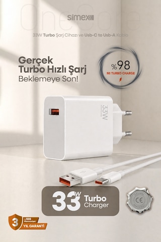 Simex Xiaomi, Redmi, Poco, Uyumlu 33 Watt Hızlı Turbo Şarj Seti Ce Belgeli Sps-19