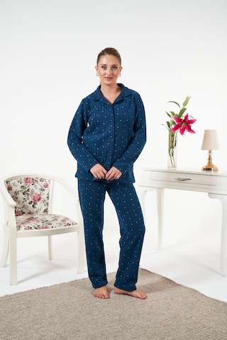 Estiva Önden Düğmeli Puantiyeli Fitilli Polar Bayan Pijama Takım Lacivert