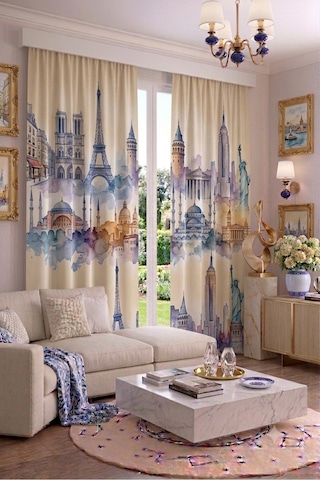 Modern Vintage Desenli Fon Perdesi 140x260 Cm 2 Kanat Dekoratif Dijital Baskılı Premium Salon Oturma Odası Yatak Odası Pencere Perdesi Mor