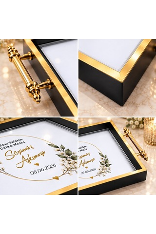 Bk Gift Kişiye Özel Siyah&gold Söz Nişan Tepsisi-5 - 39x23 Cm Çok Renkli