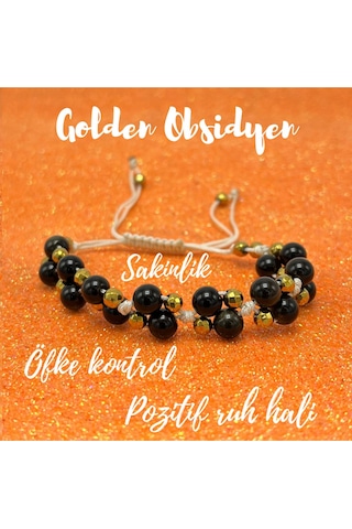 Yıldız Doğal Taş 6mm Ipli Golden Obsidyen Ayarlanabilir Ölçü Doğal Taş Bileklik Siyah