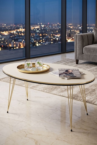 Storeşahin Orta Sehpa Elips Çift Gold Krem Tel Ayak Shn0720