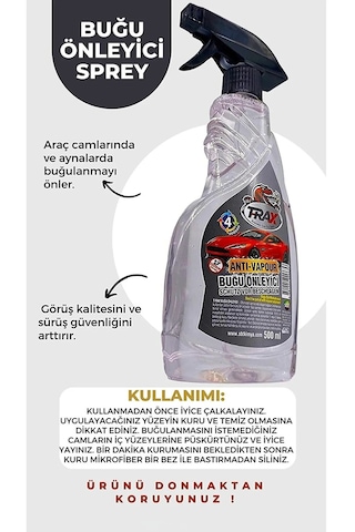 Trax Araba Oto Cam Buğu Önleyici Engelleyici Sprey 500 ML
