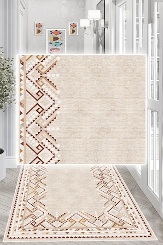 Dijital Baskılı Dekoratif Kaymaz Taban Yıkanabilir Kilim Yolluk Antre Hol Halısı Salon Halısı Krem