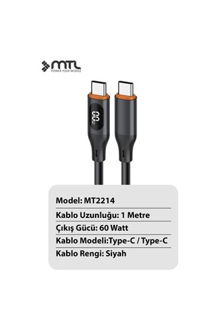 60w Type-c To Type-c Watt Göstergeli Silikon Hızlı Şarj Ve Data Aktarım Kablosu 1 Metre Mt 2214
