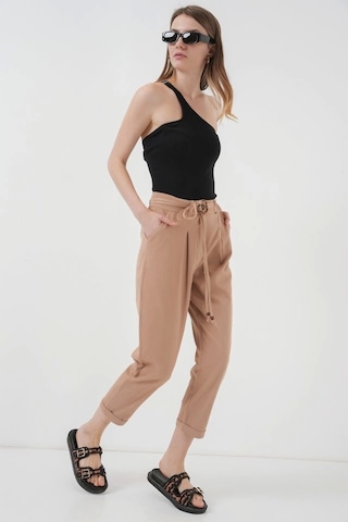 Defymoda 6660 Kemerli Keten Pantolon - Bisküvi Bisküvi
