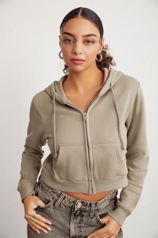 Grimelange Delıa Kadın Crop İçi Polarlı Fermuarlı Organik Pamuklu Kapüsonlu Kordonlu Bej Sweatshirt Bej