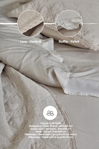Evlen Home %100 Pamuk Çift Kişilik Özel Taş Yıkama Nevresimli Yatak Örtüsü Seti 7 Parça Yumuşak Barbara Bej