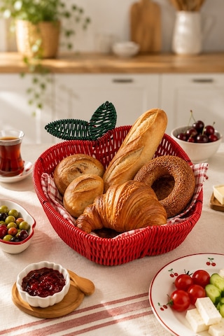 Ekmek Sepeti Kiraz Şeklinde Hasır Detaylı 26x20 Cm Kırmızı