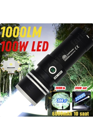 Gold Ultra Güçlü 100 Watt Full Metal Tasarım El Feneri Siyah