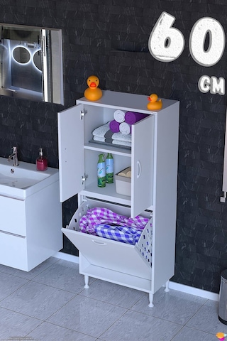 Deniz Kirli Sepetli Ve Kapaklı Raflı, Çok Amaçlı Banyo Dolabı - 60 X 138 X 32,5 Cm 60 Cm