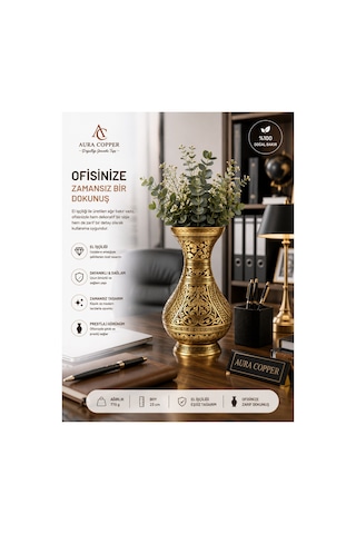 El İşlemeli Eskitme Desenli Bakır & Gold Sarı Pirinç Vazo 23 Cm El İşçiliği Dekoratif Salon Mutfak Konsol Çiçeklik Ve Ofis Vazosu Obje - Bakır Bileklik Hediyedir Bakır Pirinç