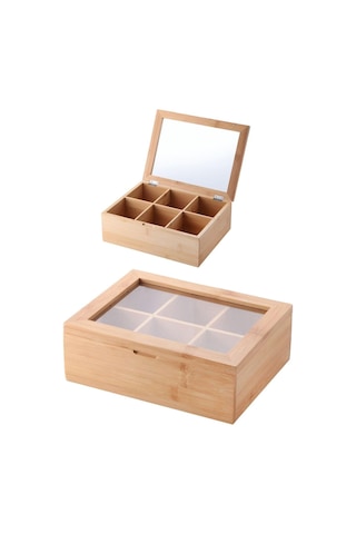 Deconox Bambu 6 Bölmeli Çay Kutusu -%100 Orjinal Bambu Mıknatıslı Kapak 21x16,5 X7cm Şeffaf