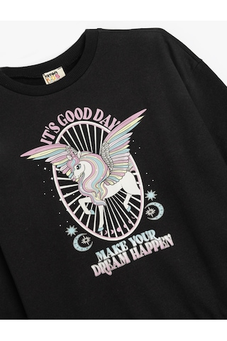 Koton Sweatshirt Unicorn Baskılı Uzun Kollu Bisiklet Yaka Şardonlu Siyah 5wkg10600ak Siyah