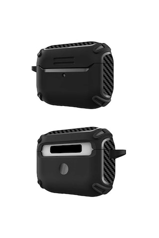 Maks Technology Apple Airpods Uyumlu Pro Kılıf Köşe Karbon Fiber Detaylı Askı Aparatlı Airbag Darbe Emici Maks Koruyucu Kapak Lacivert