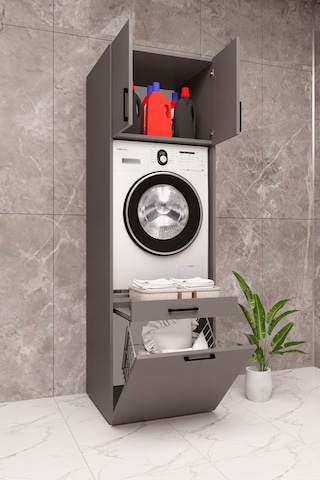 Mdf Çamaşır Makinesi Dolabı Sepetli Antrasit