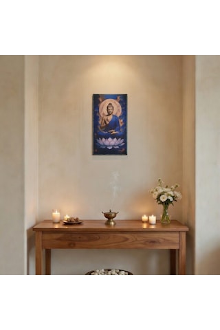 Lotus Üzerinde Buddha Ahşap Tablo - Zen & Meditasyon Duvar Dekoru - 16x28 Cm Özel Baskı Spiritüel Sanat