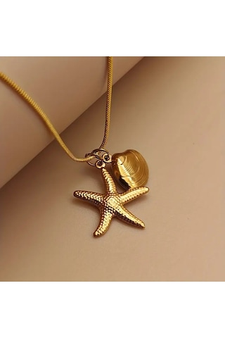 Mumicemum Deniz Yıldızı Ve İstiridye Detaylı Çelik Kolye 18k Altın Kaplama Altın