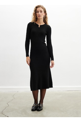 Styleboom X Peraluna Dorset Dress Toka Detaylı Ribana Örgü Midi Kadın Triko Elbise - Siyah-siyah Siyah