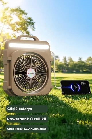 Premium Masa Fanı Seyyar Fan Yazlık Aksesuar Şarjlı Masaüstü Vantilatör Kamp Tipi F53 Bej