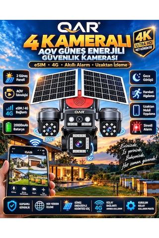 4 Lensli Güneş Enerjili Akıllı Güvenlik Kamerası 4g Sım Kartlı Yapay Zeka Destekli Uzaktan İzleme Dış Mekan Kamerası 24 Saat Kayıt