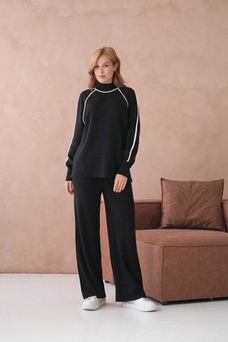 Kadın Dik Yaka Yarım Pat Fermuar Yırtmaçlı Kazak Pantolon İkili Triko Takım Siyah