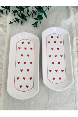 Love Kırmızı Kalp 2 Adet Oval Tabak Kırmızı