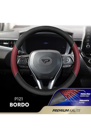 Panda Oto Direksiyon Kılıfı - Delikli Deri / Velucantra Kumaş-bordo
