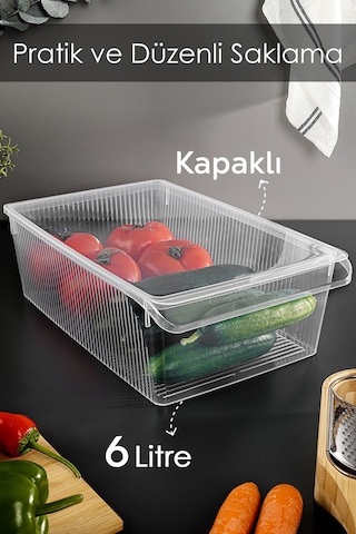 6 Adet Kapaklı Dolap İçi Buzdolabı Düzenleyici - Meyve Sebze Saklama Kabı Buzdolabı Organizer 6 Lt Şeffaf