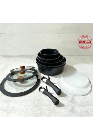 Neoflam Midas Siyah 12 Parça Yedek Kulplu Ayrılabilen Saplı Iç Içe Geçebilen Indüksiyonlu Tencere Tava Set