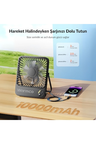 Warmco D3 10000mah Şarjlı Masaüstü Vantilatör Dijital Göstergeli Taşınabilir Powerbank Soğutucu Fan Siyah