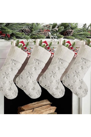 Aubyhe 4'lü 48 Cm Büyük Noel Çorabı, Krem Renk Yumuşak Saçaklı, Gümüş Işıklandırmalı Kar Taneleri, Felt Döşemeli Hediye Kutusu Diğer