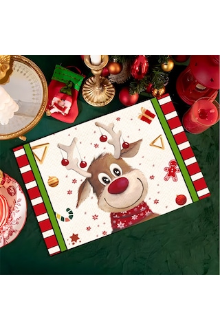 4/6/8 Adet Elk Deer Baskılı Amerikan Servisi Dikdörtgen Noel Kardan Adamı Ağaçları Yemek Masası Mutfak Dekoru İçin Keten Kaymaz Masa Paspasları 7,8 Adet-32x42 Cm Diğer