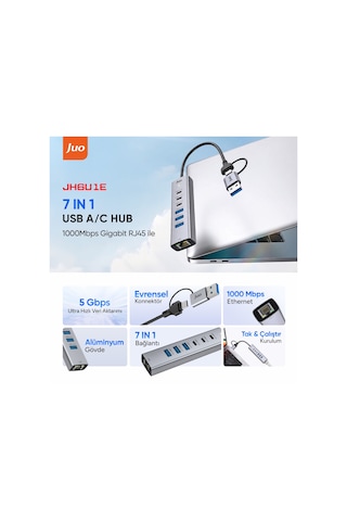 Juo Type-c Ve Usb-a 7 Portlu 3 Usb-a 3 Type-c Gigabit Ethernet Dönüştürücü Usb Çoklayıcı Hub