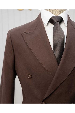 Bys Beystil Sivri Yaka Kahverengi Kruvaze Takım Elbise - Slim Fit