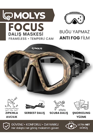 Molys Focus Dalış Maskesi + Antı Fog Buğu Önleyici Film + Katlanabilir Şnorkel + Maske Kutusu Kahverengi - Kamuflaj
