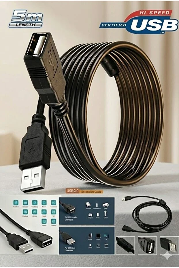 5 Metre 5mt Yüksek Hız Usb Uzatma Kablosu Uzatıcı Ara Kablosu Dişi Erkek Gerçek Usb 2.0 Kablo 5m