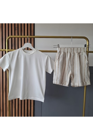 Sy Store Erkek Çocuk Çizgili Keten Şort Ve Basic Tişört Takımı Beyaz-bej